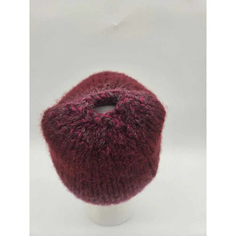 Handmade Ponytail Beanie One Size Burgundy Women Messy Bun Knit Hat